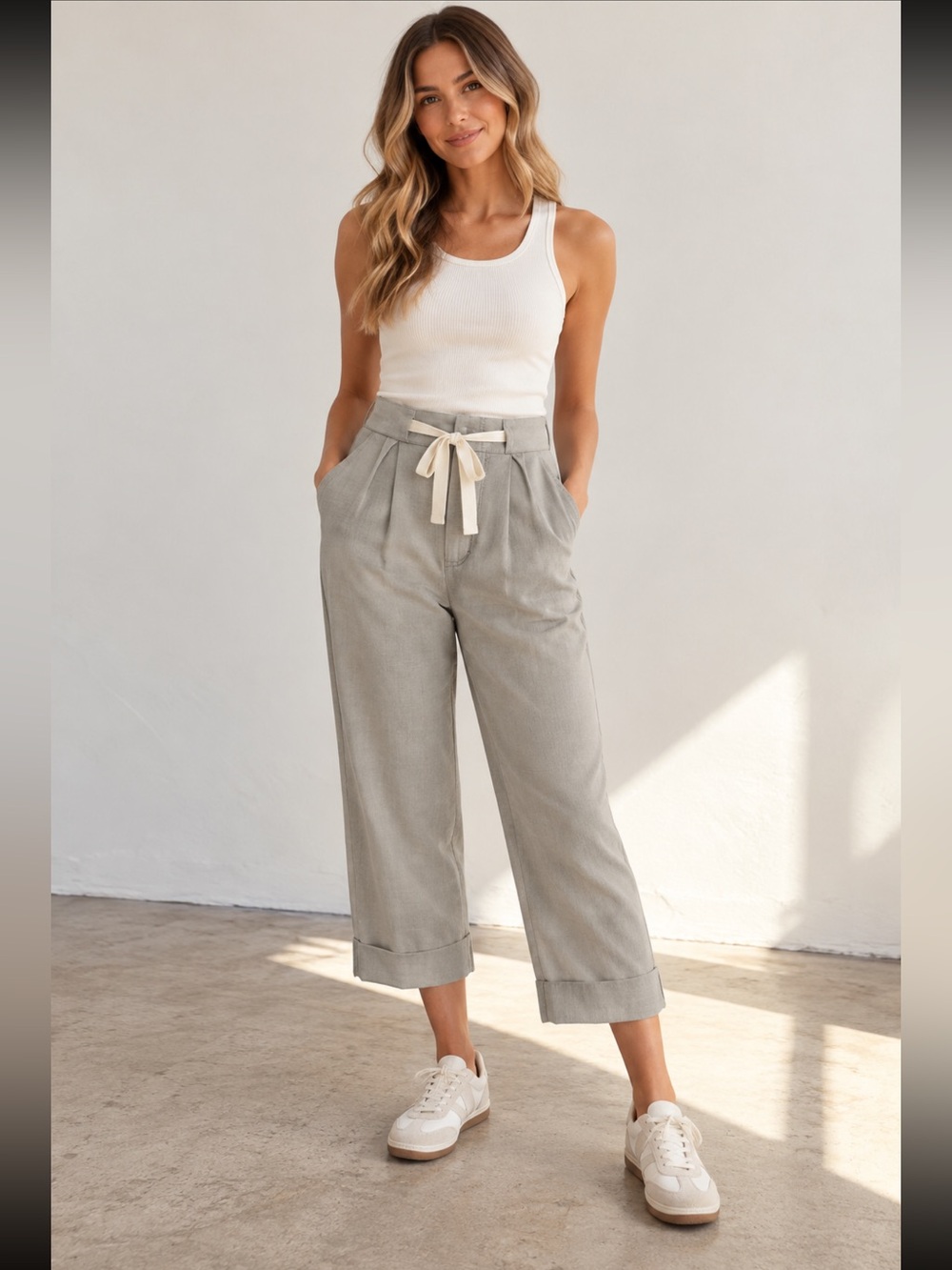 Wilfred Allant Cropped Wide Leg Linen Blend Pants Beige Grey Size 2